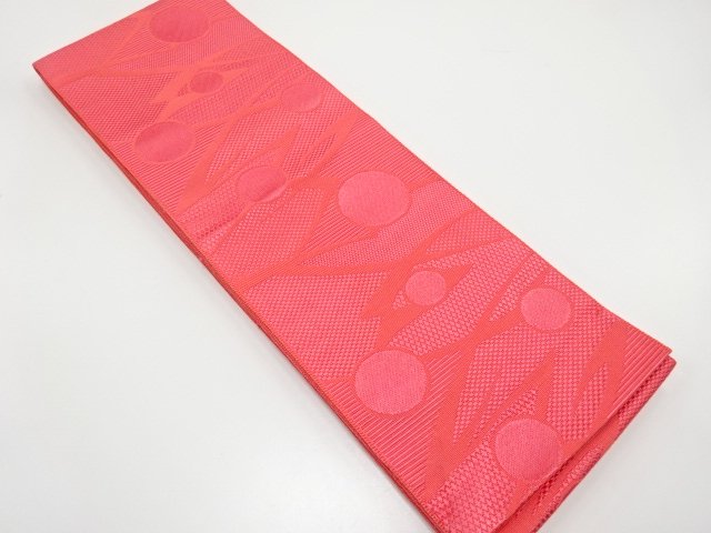 水玉に幾何学模様織り出し　半幅帯